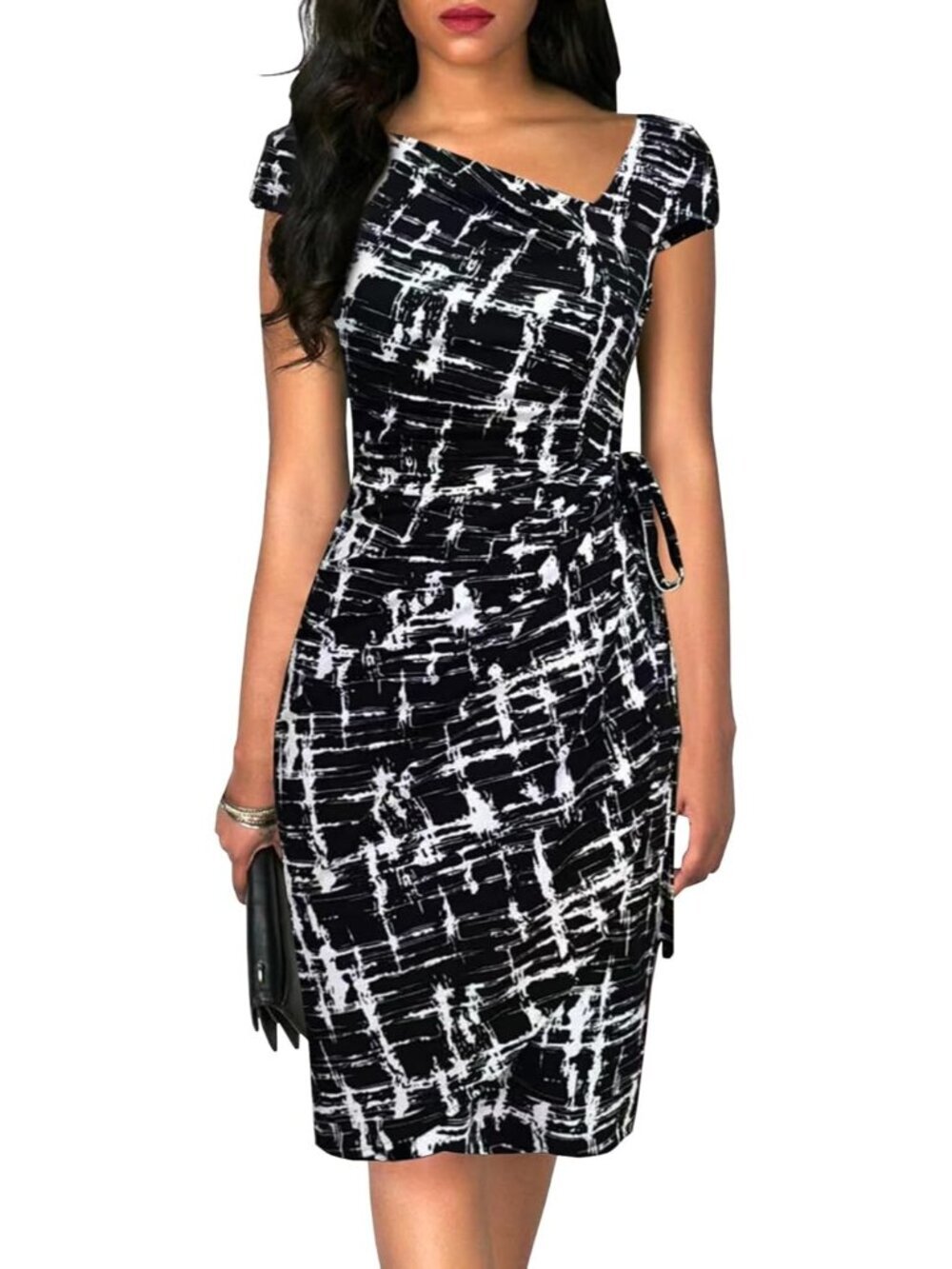 Women's Retro Cap Sleeve Knee-Length Sheath Black White Bodycon Faux Wrap Dress